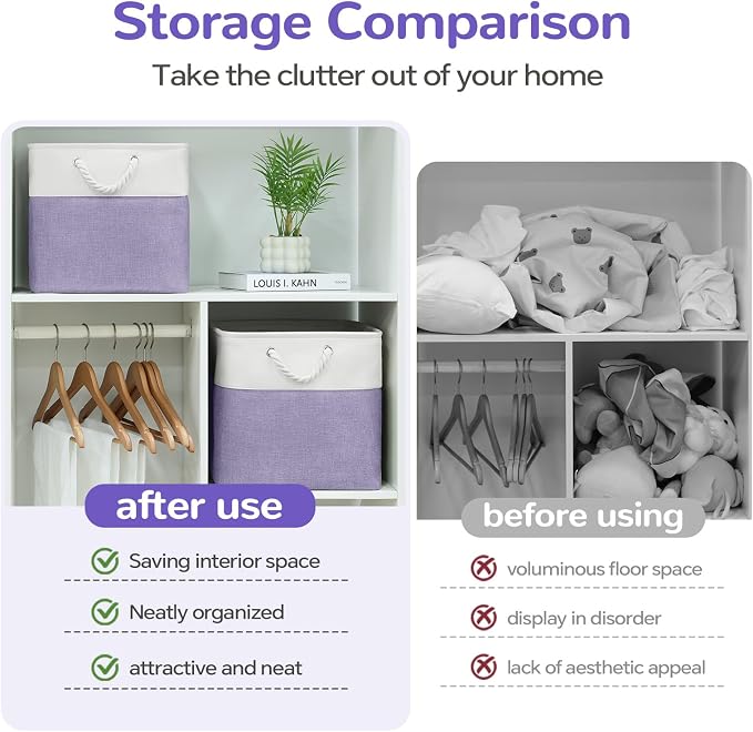 12 x 12 Inch Cube Storage Bins, 4 Pack Fabric Storage Basket with Handles, Foldable Boxes Organizer for Shelf Baskets for Home, Clothes (White/Purple) - Image 8