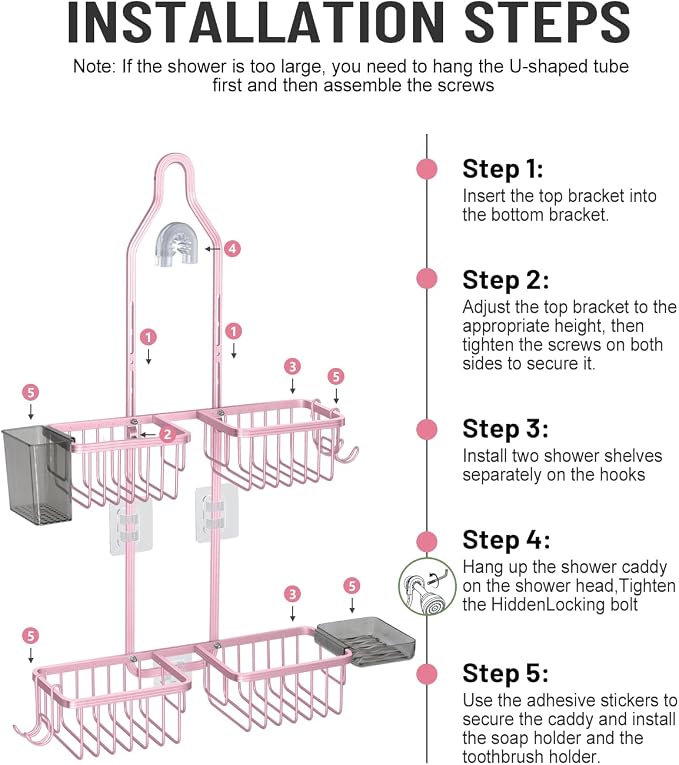 Adjustable Shower Caddy Hanging for Handheld Showerheads - Never Rust Shower Hanging Organizer, Upgraded Bathroom Shower Rack with Soap Basket, Hooks and Toothbrush Holder (Pink) - Image 8