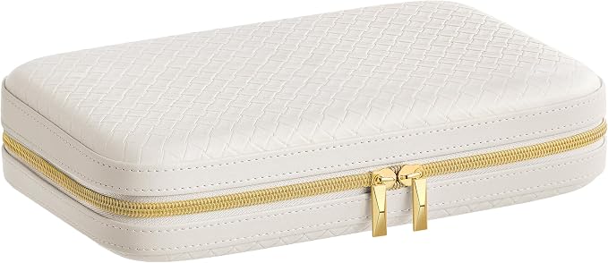 SONGMICS HOME Travel Jewelry Case, Jewelry Organizer Box with Mirror, Jewelry Pouch, Woven Embossed PU Leather, Hard Shell, Large Capacity, Gift Idea, Cloud White UJBC204W01 - Image 7