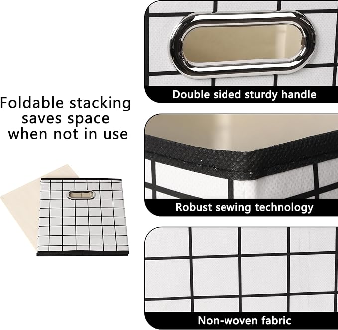 Yunkeeeper storage bins Cubes, Fabric Cube Organizer with Handle, Foldable Cube Bins for Cloth or Accessary Storage, 11x11x11, Set of 6, (White grid) - Image 7