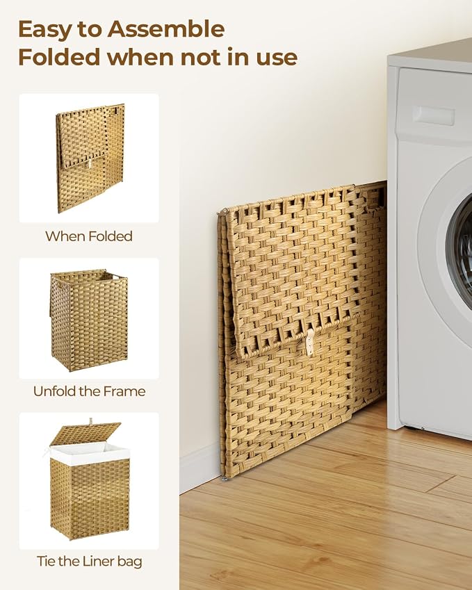 GREENSTELL Laundry Hamper with Lid, 90L Clothes Hamper with 2 Removable Liner Bags & 2 Mesh Laundry Bags, Handwoven Synthetic Rattan Laundry Basket for Clothes, Toys in Bathroom, Bedroom Natural - Image 7
