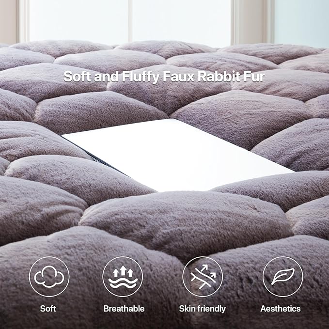 Faux Fur Mattress Pad Quilted Fitted Mattress Cover, Fluffy Warm Soft Breathable Mattress Protector, Mattress Topper with 8-21" Deep Pocket (Gray, King)