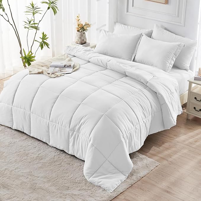 JOLLYVOGUE Twin Comforter Set, Ultra-Soft Bed in a Bag Twin Size 5 Pieces, Oeko-TEX Certified Bedding Set with Down Alternative Comforter, Sheets, Pillowcases & Shams, White