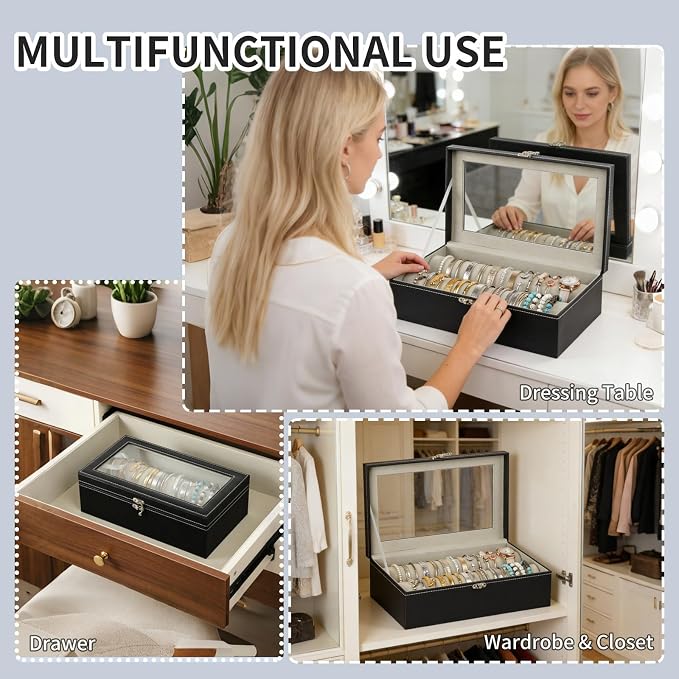 AUTOARK Bracelet & Watch Storage Box with Glass Lid & 2 Anti-Roll Rods,PU Leather Jewelry Case,Soft Lined Locking Organizer for Women,Gift for Dresser & Cabinet Display,Black,MKAW147 - Image 7