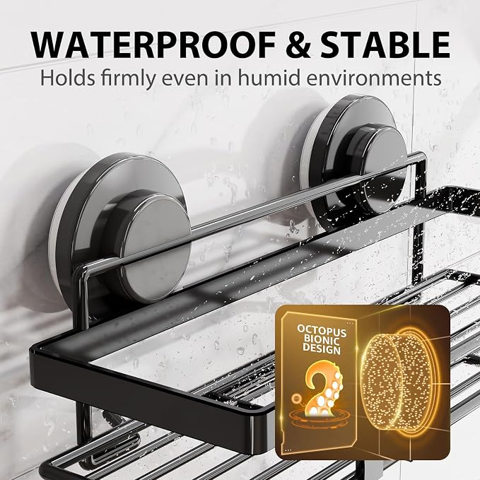 LEVERLOC 2 Pack Shower Caddy Suction Cup, Shower Shelves for Inside, Rustproof Metal Bathroom Storage NO-Drilling Bath Organizer with Large Capacity,Heavy Duty Storage Basket,Home Decor,Black - Image 9