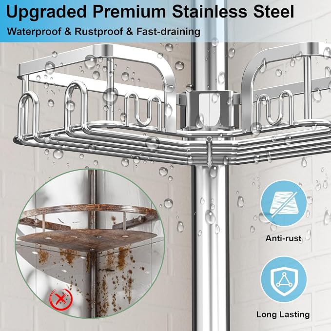 Corner Shower Caddy Tension Pole 4 Tier Adjustable Stainless Steel Shower Shelf for Inside Shower Bathtub Shampoo,Standing Bathroom Organizer Shelves with 39 to 113 inch Height - Image 8