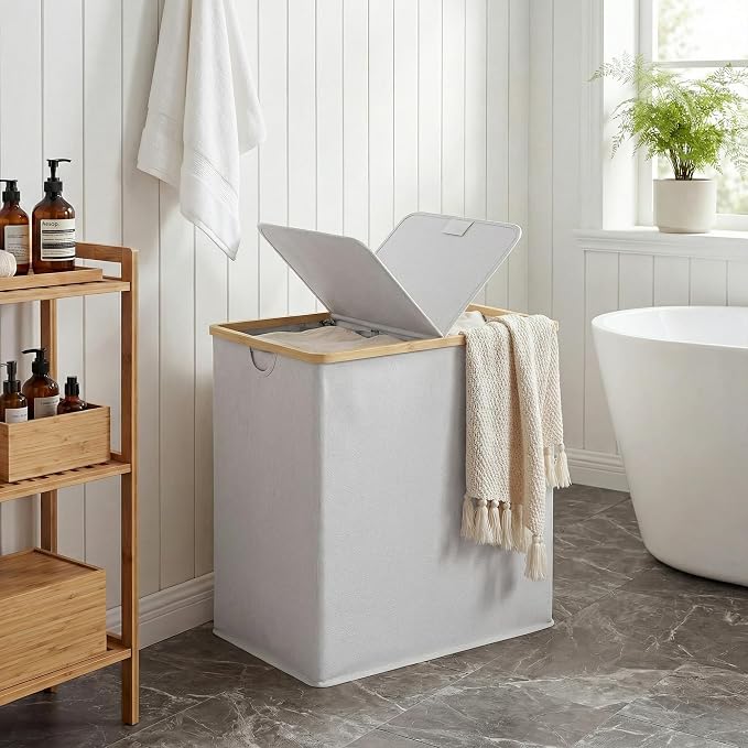 efluky Laundry Hamper with Lid, Double Laundry Hamper with 2 Removable Bags, 2 Section Laundry Basket with Bamboo Handles for Bathroom, Bedroom & Laundry Room, 140L (36.9 Gallon) Light Grey - Image 8