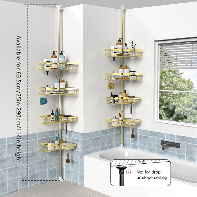 KEGII Corner Gold Shower Caddy Tension Pole - 4-Tier Rustproof Shower Rod Organizer, Floor to Ceiling Tension Rod 25-114.2 inch, Stainless Steel Corner Shower Shelf, Waterproof - Image 7