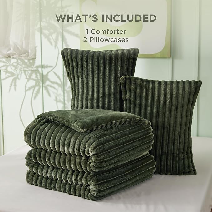 Bedsure King Comforter - GentleSoft™ 3 Pieces Double-Side Fleece Fluffy Olive Green Comforter Set, Cozy Striped Room Decor Aesthetic, Luxury King Size Bedding with 2 Pillowcases, 104x90 Inches