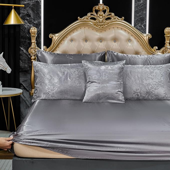 Grey Comforter King Jacquard Bedding with Grey Satin Sheet Set Royal Embroidery Neoclassical Floral Home Decor Soft Luxury Hotel Bed in a Bag 8 Pcs Include 1 Cushion Cover