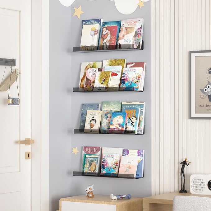 upsimples Acrylic Shelves for Wall Decor, 15" Display Shelf Perfume Organizer for Bathroom, Bedroom, Living Room, Floating Bookshelves for Kids, Clear Black, 4 Pack - Image 3