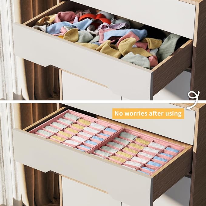 Joyoldelf Sock Organizer Drawer Organizer - 2 Packs Underwear Organizer, 24 Cells Collapsible Closet Organizers and Storage Sock Holders Organizers for Storing Socks, Ties, Belts(Pink) - Image 6