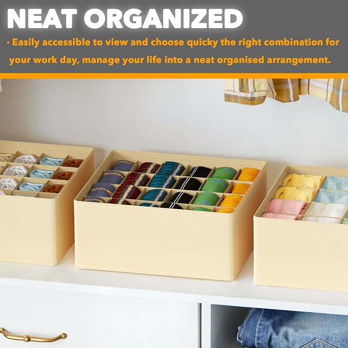 SpaceAid Sock Drawer Organizer Divider 3 Pack, 64 Cell Dresser Closet Nursery Underwear Organizers Storage Bins for Organizing Socks Underwear Ties Belts (Beige) - Image 6