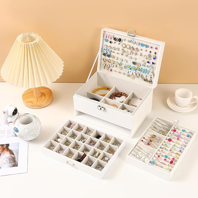 BOOVO Earring Jewelry Box For Women Girl Stud Organizer, 5 Layers Girl Jewelry Organizer Box With Lock Earring Holder Organizer Necklace Ring Jewelry Organizer Box For Girls (White, 5 layer) - Image 7