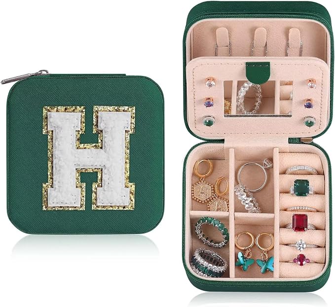 ETHOON Jewelry Travel Case Small Organizer Stocking Box Personalized Gifts Teenage Jewelry Accessories Holiday Christmas Gift for Women Green, Letter H by ETHOON
