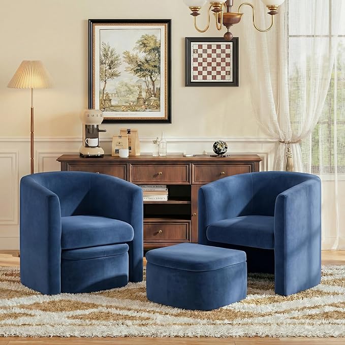 COLAMY Morden Velvet Living Room Side Chair with Storage Ottoman, Single Sofa Armchair with Lounge Seat, Upholstered Barrel Accent Chair for Bedroom/Office/Reading Spaces, Blue