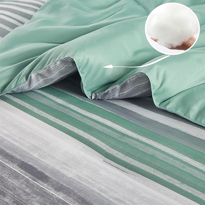 KAKIJUMN 5 Piece Bed in a Bag Stripe Comforter Set Twin Size, White Grey Sage Green Patchwork Striped Comforter and Sheet Set, All Season Soft Microfiber Complete Bedding Set(Green,Twin)