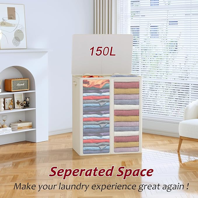 150L Laundry Hamper 2 Section, Large Laundry Hamper with Lid, Dirty Clothes Hamper with 2 Removable Inner Bags, Collapsible Laundry Basket Organizer for for Clothes Toys Towels, Hamper 2 Compartment - Image 7