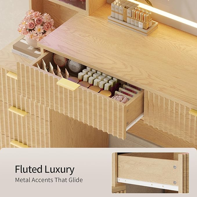 HAUOMS Big Vanity, Fluted Wood Makeup Vanity Desk with Mirror and Sound Sync LED Lights, Large Vanity Dressing Table, 8 Drawers, Charging Station for Girls, Women (Oak, 59.1" Width)