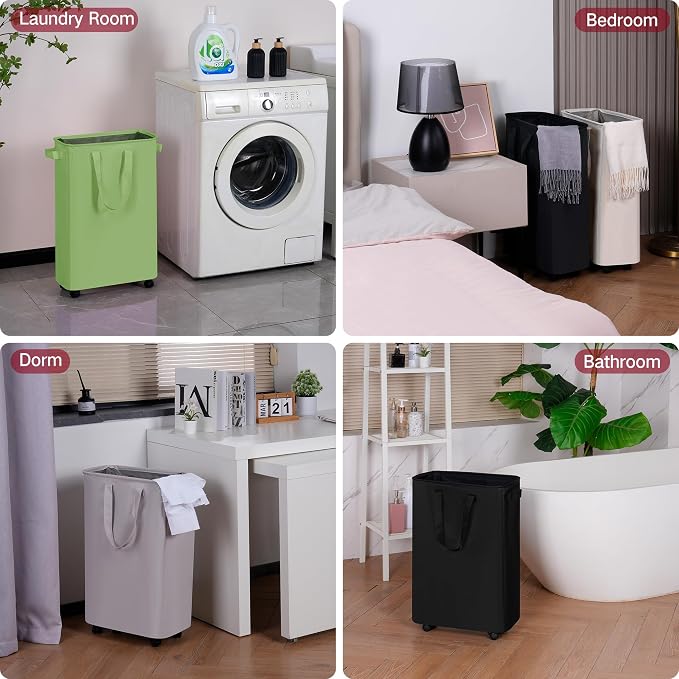 efluky Slim Laundry Hamper with Wheels, Rolling Laundry Basket for Clothes, Small Laundry Basket for Bedroom, Dorm and Laundry Room, 60L (12.7 Gallons) Green - Image 6