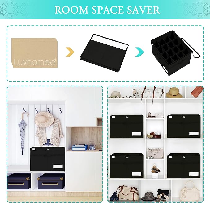 Luvhomee Shoe Storage Organizer, Fits 16 Pairs, Large Shoe Organizer Box for Closet, Clear Foldable Shoes Containers w/Bottom Support, Space Saving Shoe Cubby Storage Boxes w/Reinforced Handles, Black - Image 7