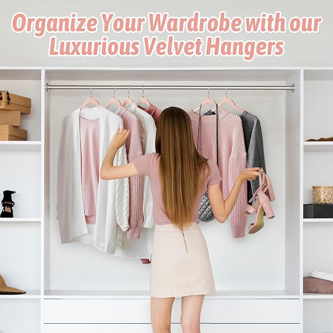 Sishynio Premium Velvet Shirt Hangers 50 Pack, Non-Slip 360° Swivel Hook Space-Saving Felt Hanger, Slim Flocked Hangers for Blouses, Strappy Dresses, Tank Tops(Pink) - Image 7