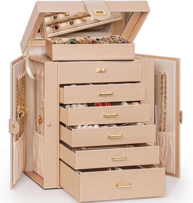 AKOZLIN 6-Tier Jewelry Box Organizer Functional 5 Drawers Leather Jewelry Storage Case for Women Girls Ring Necklace Earring Bracelet Holder Organizer with Mirror Champagne - Image 8