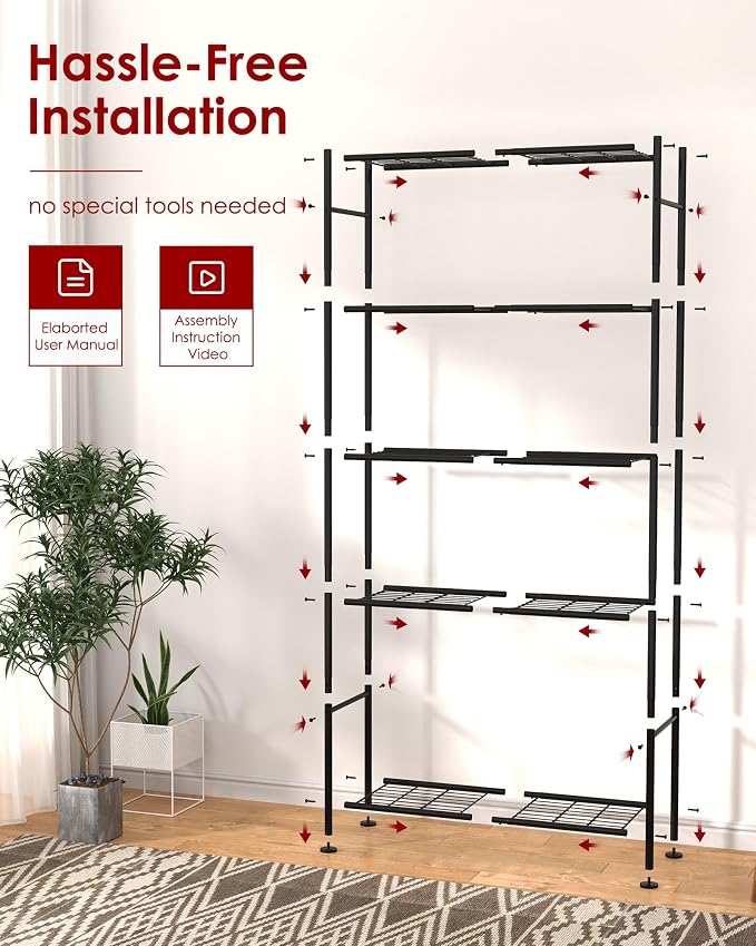 Sakugi Storage Shelves - 5 Tier Shelf Organizer, Heavy Duty Garage Shelving Unit with Leveling Feet, Stable Metal Shelves Organizer for Pantry, Kitchen and Closet, 33.0" W x 12.6" D x 72.0" H, Black - Image 9