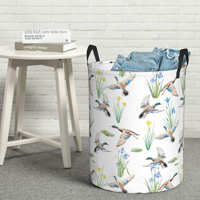 Laundry Basket Watercolor Mallard Duck Room Decor,Round Laundry Hamper Waterproof Dirty Clothes Hamper Collapsible Laundry Baskets With Handles,Toy/Clothes Storage Basket For Home Dorm Bathroom Decor - Image 7