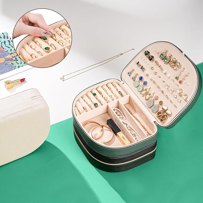 ProCase Travel Size Jewelry Box, Large Portable Seashell-Shaped Jewelry Case, 2 Layer Jewelry Organizer in PU Leather for Women -Emerald - Image 7