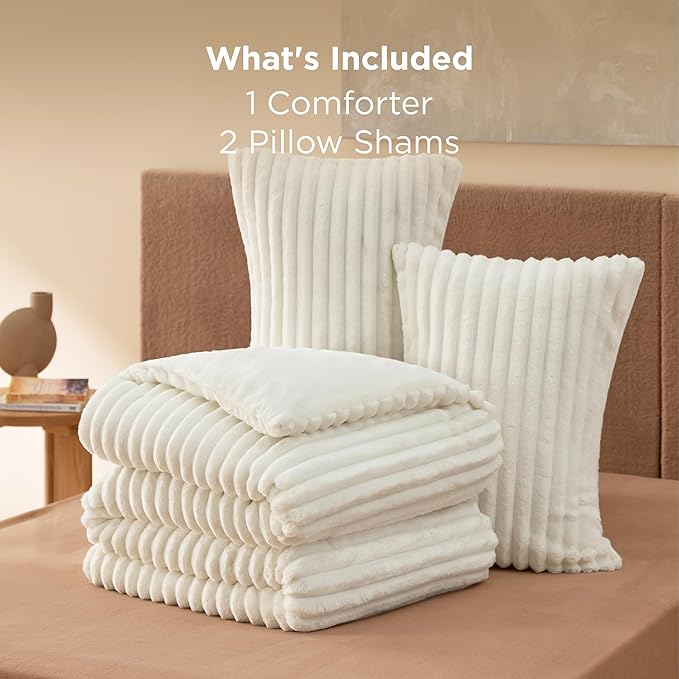 Bedsure Cal King Comforter Set - GentleSoft™ 3 Pieces Double-Side Fleece Fluffy White Comforter Set, Cozy Striped Room Decor Aesthetic, Luxury Cal King Bedding, 2 Pillowcases, 104x96 Inches