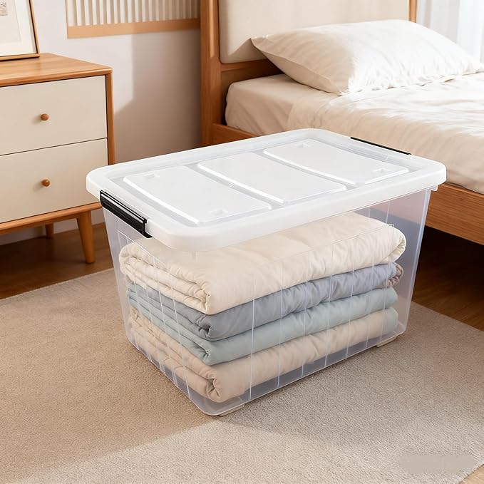 70 Qt Stackable Plastic Storage Bins with Lids, 4 Pack, See-Through Organizing Containers Box, Durable Nestable Containers Organize Shoes Closet Shelves Clothes Blankets Towels, Clear