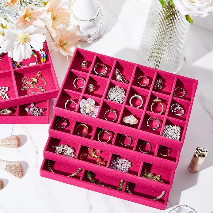 Junkin 12 Pcs Jewelry Tray Velvet Stackable Jewelry Organizer Trays Divided Earring Accessories Storage Containers Box (Rose Red) - Image 7