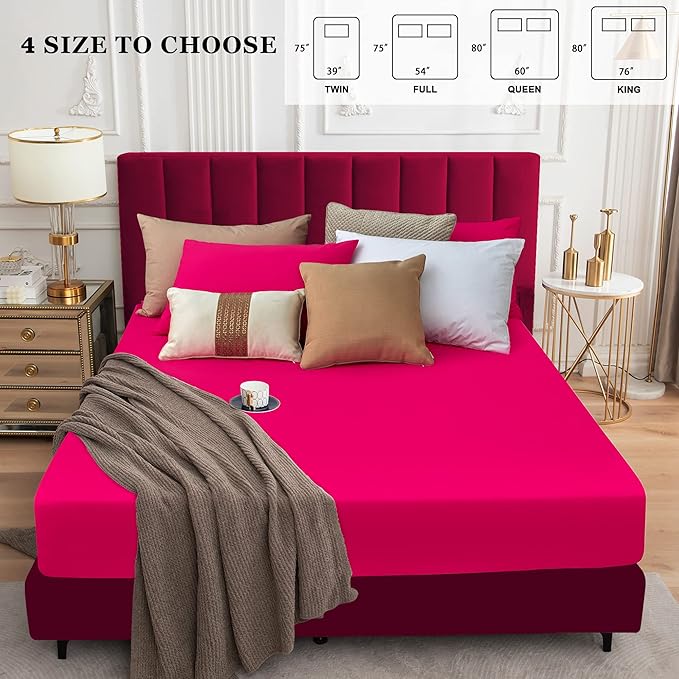 Sufdari Mattress Protector,Waterproof Mattress Cover Queen,18" Deep Pocket Mattress Protector,Fitted Sheet Style with Elastic Rubber Band,Washable and Easy Care-Deep Pink,Queen