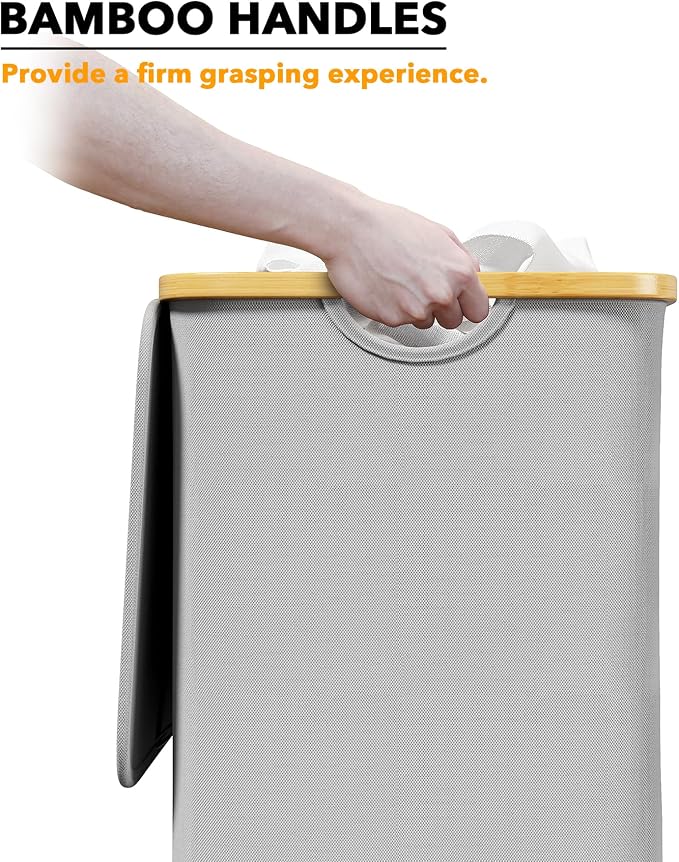 SpaceAid Laundry Hamper with Lid, 110L Large Tall Clothes Basket Bin with Bamboo Handles, Collapsible Laundry Hamper for Bedroom, Bathroom, Dorm, Laundry Room - Light Grey - Image 6