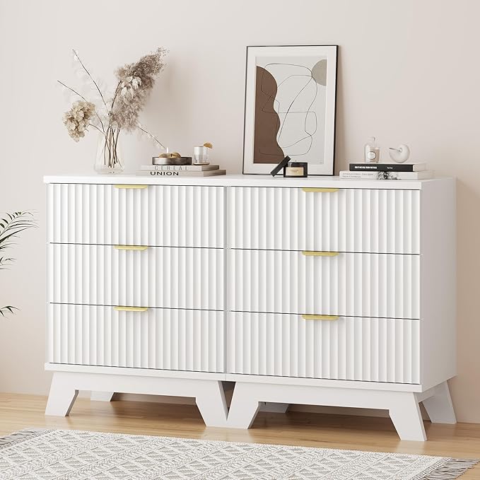 Fluted Dresser for Bedroom with 3 Drawers, 24" Wide Modern Chest of Drawers with Metal Handle, Wooden Dresser TV Stand, Wood Closet Clothes Storage Drawer Organizer for Living Room, Hallway, White