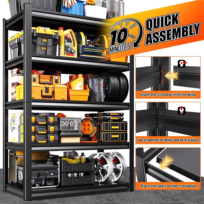 46''W Storage Shelves,3000LBS Garage Shelving,Adjustable Garage Shelves,Heavy Duty Metal Shelving, 5 Tier Wood Utility Steel Shelf, Easy-to-Install Shelving Units and Storage 71.2''x46''x19.7 - Image 7