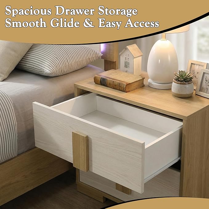 Kings Brand Furniture 6-Piece Natural/White Bedroom Set - King Size Bed with LED Lights, Dresser, Mirror, Chest and 2 Nightstands