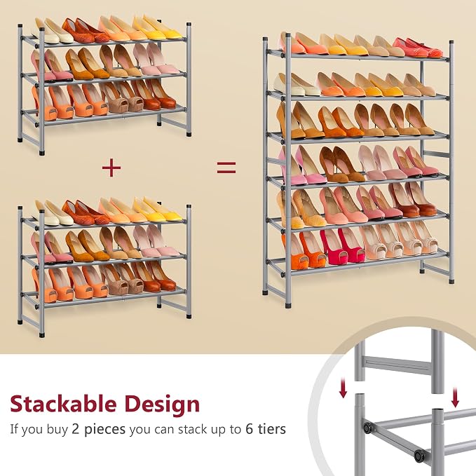 Tajsoon Expandable Shoe Rack for Closet 3 Tier, 28“-41“Adjustable & Stackable Shoe Shelf Storage, Metal Shoe Rack Organizer for Front Door Entrance, Closet, Garage, Entryway, Grey - Image 7