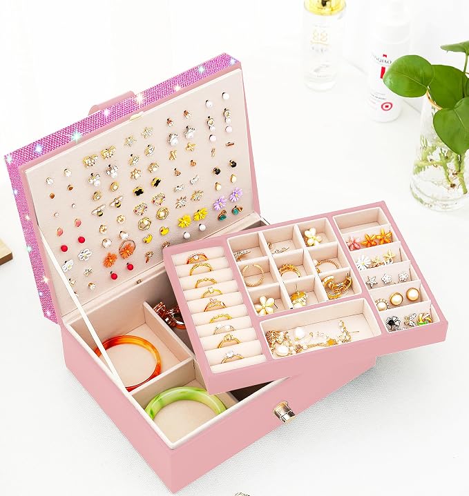 QBestry Jewelry Box for Earrings for Girls Jewelry Organizer Box Earring Holder Organizer for Girl Earring Box Jewelry Box Stud Earring Organizer for Girls Earring Jewelry Boxes for Women Pink Bling - Image 9