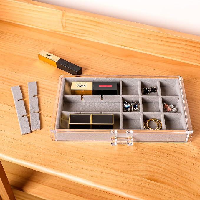 Frebeauty Acrylic Jewelry Organizer Earring Organizer Box with 5 Drawers Earring Holder Organizer with Velvet Trays Clear Jewelry Box for Women Earring Display for Rings Studs(Grey) - Image 6