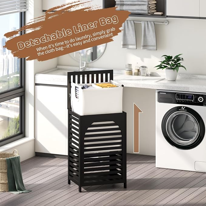 FILWH Laundry Hamper with Lid (16.9 * 13 * 26.5inches) Large Bamboo Laundry Bin Basket 85L Clothes Hamper with 1 Removable Bag Storage baskets for Bathroom(Black) - Image 7