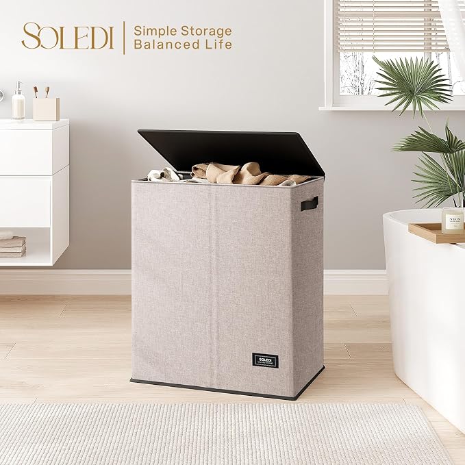 SOLEDI Large Double Laundry Hamper with Lid, Collapsible Clothes Hamper 2 section with Removable Bags, Space-Saving Laundry Basket for Bedroom, Dorm, College - Image 7