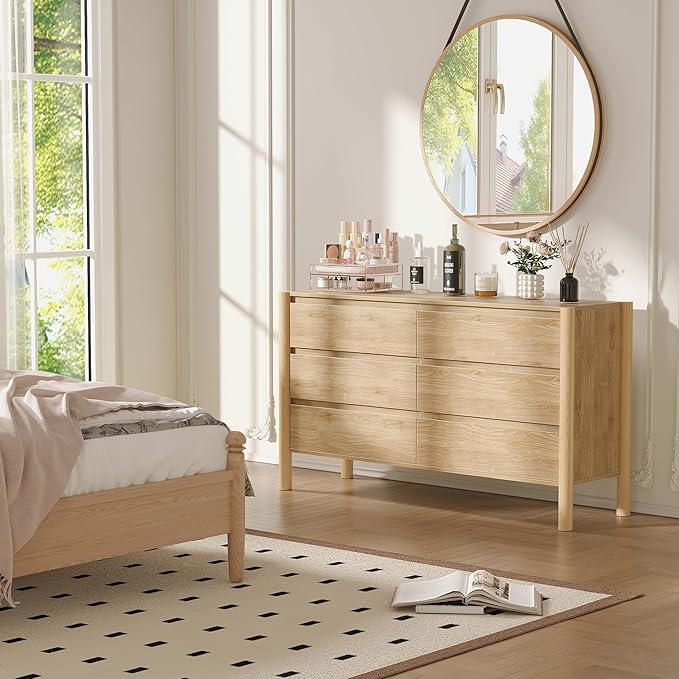 CHUWELL 3-Piece Bedroom Dresser Set-6 Drawer Dresser & 2 Nightstands,47" Wide Dresser and Night Stands with Solid Wood Cylindrical Legs,Rustic Wooden Storage for Bedroom(Oak)