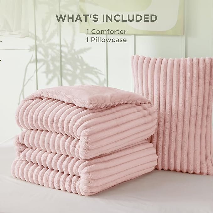 Bedsure Twin/Twin XL Size Comforter - GentleSoft™ 2 Pieces Double-Side Fleece Fluffy Pink Comforter Set, Cozy Striped Room Decor Aesthetic Luxury Twin Bedding Sets, 1 Pillowcase, 68x88 Inches