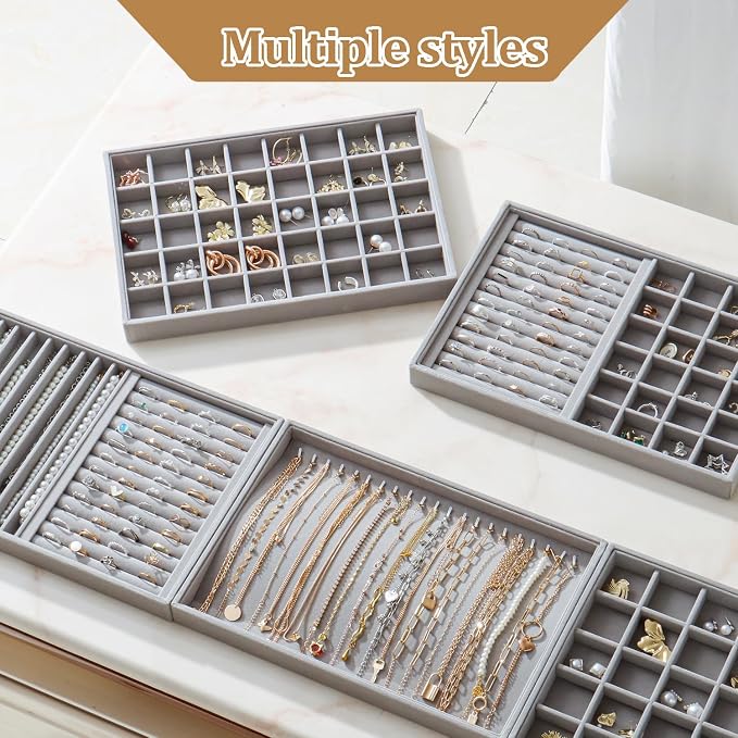 Large Velvet Jewelry Tray 2 Pack Stackable Jewelry Display Drawer Inserts Trays Organizer for Earring Bracelet Necklace Ring (Gray, 20 Hooks) - Image 7
