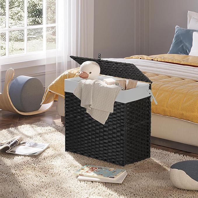 Greenstell Laundry Hamper with Lid, 125L Large Clothes Hamper with 3 Section & 2 Section Removable Liner Bags & 5 Mesh Laundry Bags, Handwoven Synthetic Rattan Divided Laundry Basket, Black - Image 8