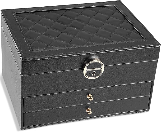 3-Layer Jewelry Box for Women, Jewelry Organizers and Storage with Removable Jewelry Tray, Vintage Quilted Top Lockable Jewelry Holder Gift Idea Black - Image 7