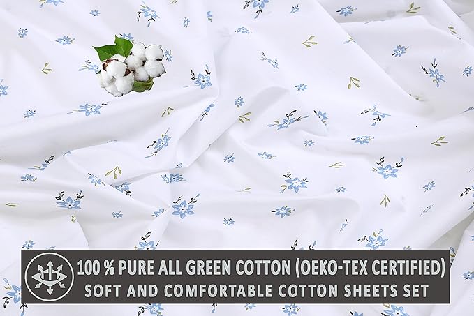 RUVANTI 100% Cotton Sheets – Full Size Percale Bedding, Cooling & Breathable Floral Design, Durable with a Crisp, Soft & Comfortable Feel, 16" Deep Pocket, 4-Piece Set, Phulkari