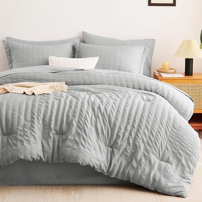 CozyLux Oversized Queen Comforter Set Light Grey Seersucker 7 Pieces 98x98 Bed in a Bag Comforter Set with Sheet, Luxury Bedding Set Down Alternative Comforter, Sheets, Pillowcases & Shams, Light Gray